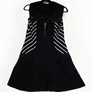 Tennis Dress 1/4 Zip Sz S Sleeveless Black & White Stripes w Pockets Preppy